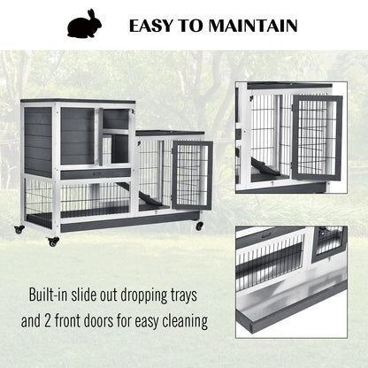 Wooden Indoor Rabbit Hutch Guinea Pig House Bunny Small Animal Cage W/ Wheels Enclosed Run 110 x 50 x 86 cm, Grey