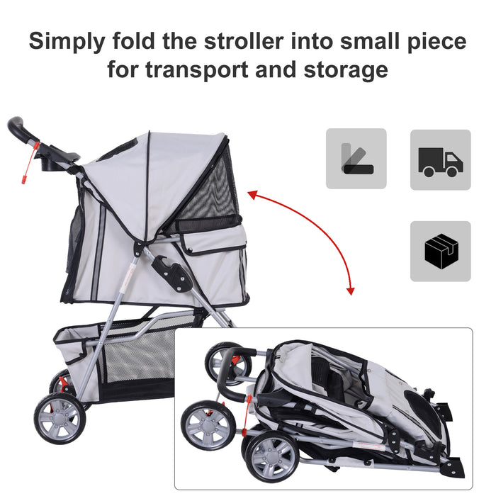 Dog Pram Pet Stroller Dog Pushchair Foldable Travel Carriage with Wheels Zipper Entry Cup Holder Storage Basket Grey