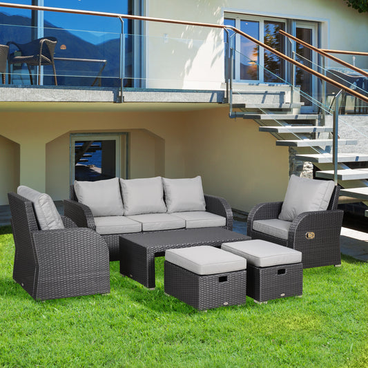 7 Seater Sofa & Coffee Table Footstool Set Outdoor Patio Wicker Weave Reclining Chair Space-saving - Light Grey