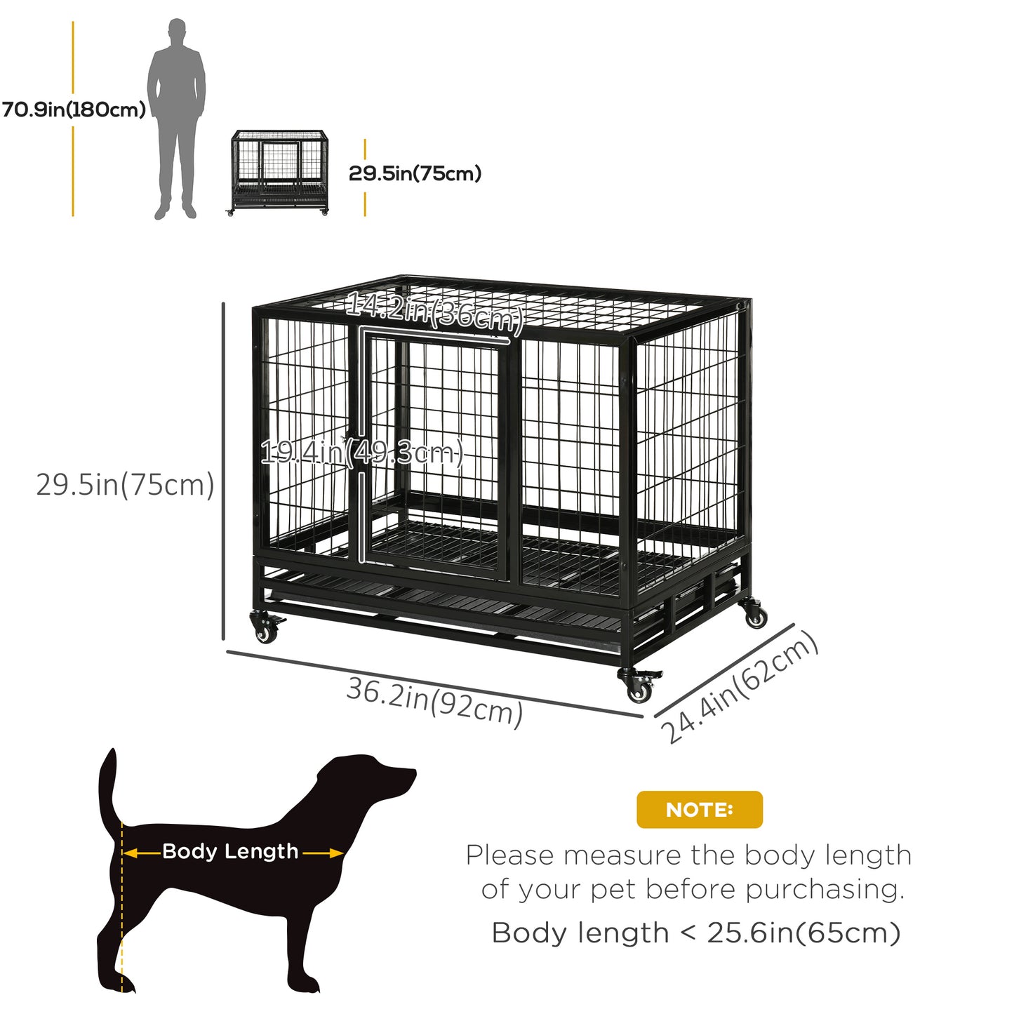 38" Heavy Duty Metal Dog Crate Pet Cage with Tray Wheeled Dog Kennel - Black (Medium)
