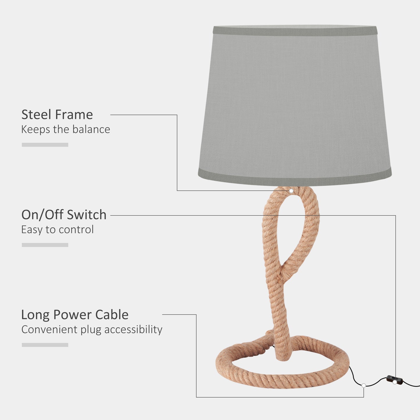 HOMCOM Nautical Table Lamp with Rope Base for E27 LED Halogen Bulb, Desk Fabric Light, Bedroom, Living room, Study