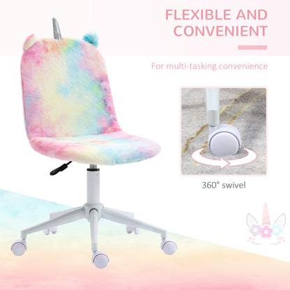 Fluffy Unicorn Office Chair with Mid-Back and Swivel Wheel, Cute Desk Chair, Rainbow Multi-Coloured