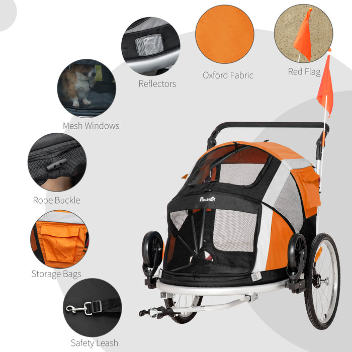 Dog Bike Trailer 2-in-1 Pet Stroller for Large Dogs Cart Foldable Bicycle Carrier Aluminium Frame with Safety Leash Hitch Coupler Reflector Flag Orange
