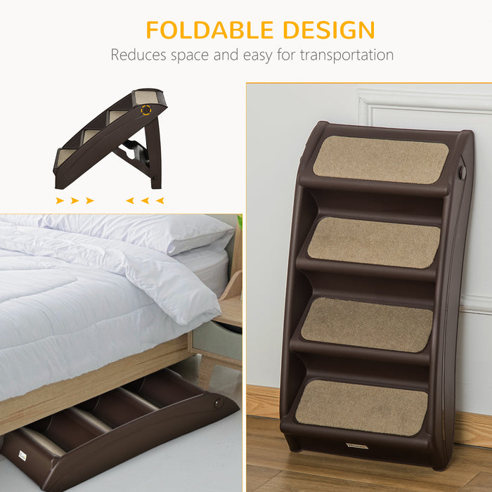 Foldable Pet Stairs Portable Dog Steps for Sofa, Bed, Four-Step Design for Cats, Small Miniature Dogs w/ Non-Slip Mats - Brown, 62 x 38 x 49.5cm