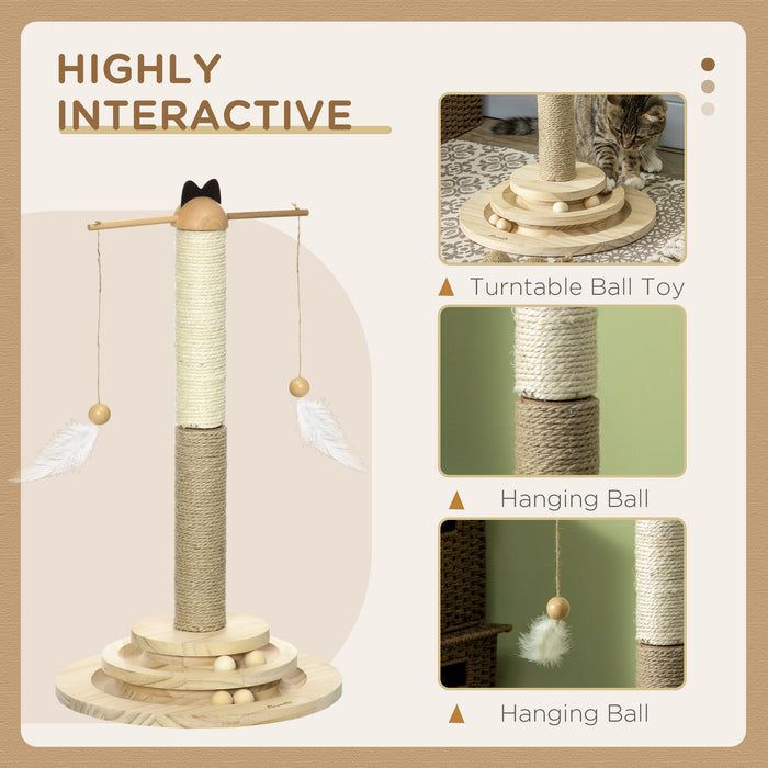 56cm Cat Tree, Kitty Activity Centre w/ Turntable Interactive Toy Ball, Cat Tower w/ Jute and Sisal Scratching Post - Natural Finish