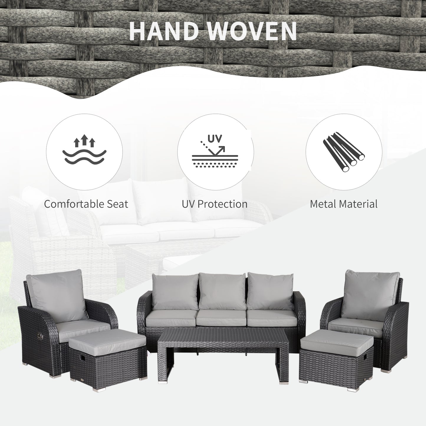 7 Seater Sofa & Coffee Table Footstool Set Outdoor Patio Wicker Weave Reclining Chair Space-saving - Light Grey