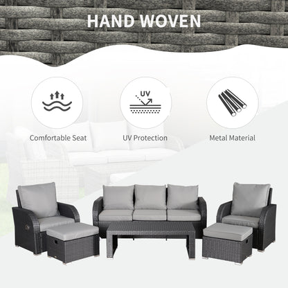 7 Seater Sofa & Coffee Table Footstool Set Outdoor Patio Wicker Weave Reclining Chair Space-saving - Light Grey