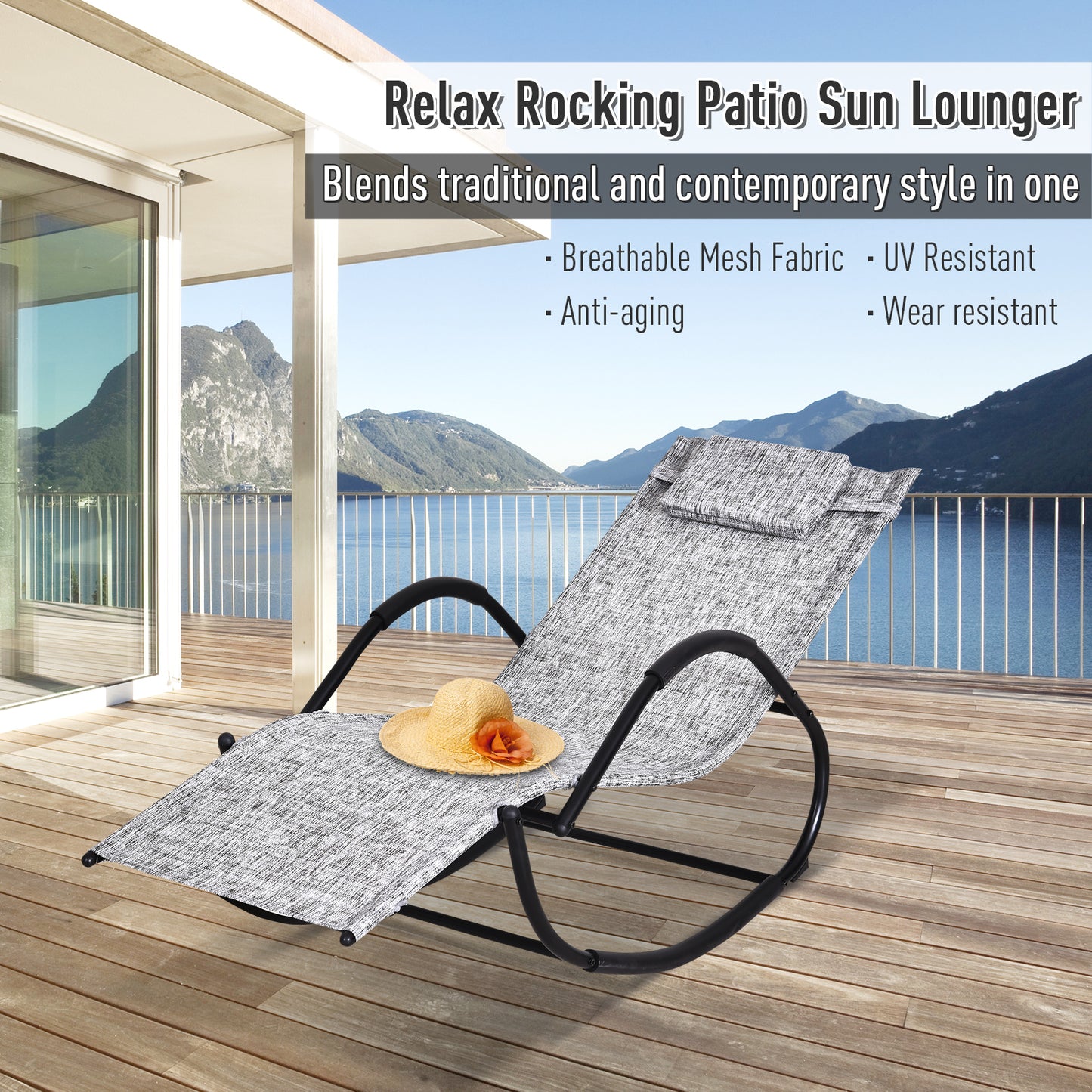 Patio Rocking Lounge Chair Texteline Zero Gravity Rocker Outdoor Patio Garden Recliner Seat w/ Padded Pillow - Grey