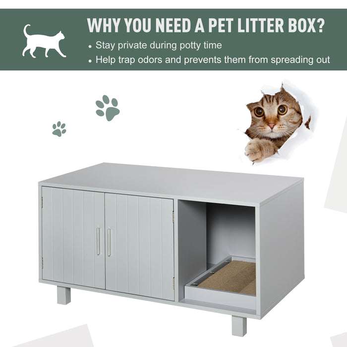 Wooden Cat Litter Box Enclosure & House with Nightstand/End Table Design, Scratcher, & Magnetic Doors, Grey