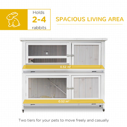4 FT Rabbit Hutch Two Tier Wooden Guinea Pig Cage Bunny House w/ Rain Cover, Wheels - Grey