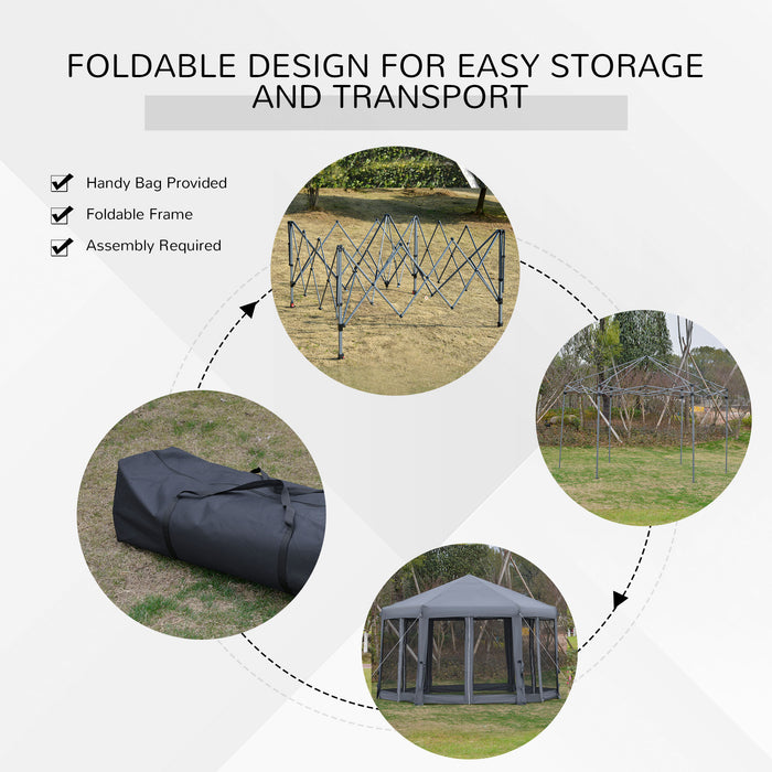 3.2m Pop Up Gazebo Hexagonal Canopy Tent Outdoor Sun Protection with Mesh Sidewalls, Handy Bag, Grey