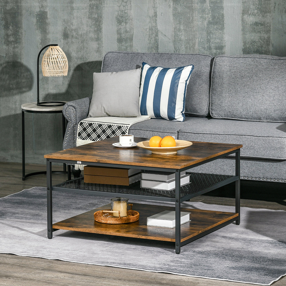 Industrial Coffee Table, Square Cocktail Table with 3-Tier Storage Shelves for Living Room, Rustic Brown