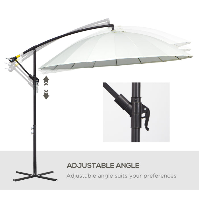 3(m) Cantilever Shanghai Parasol Garden Hanging Banana Sun Umbrella with Crank Handle, 18 Sturdy Ribs and Cross Base, Off-White