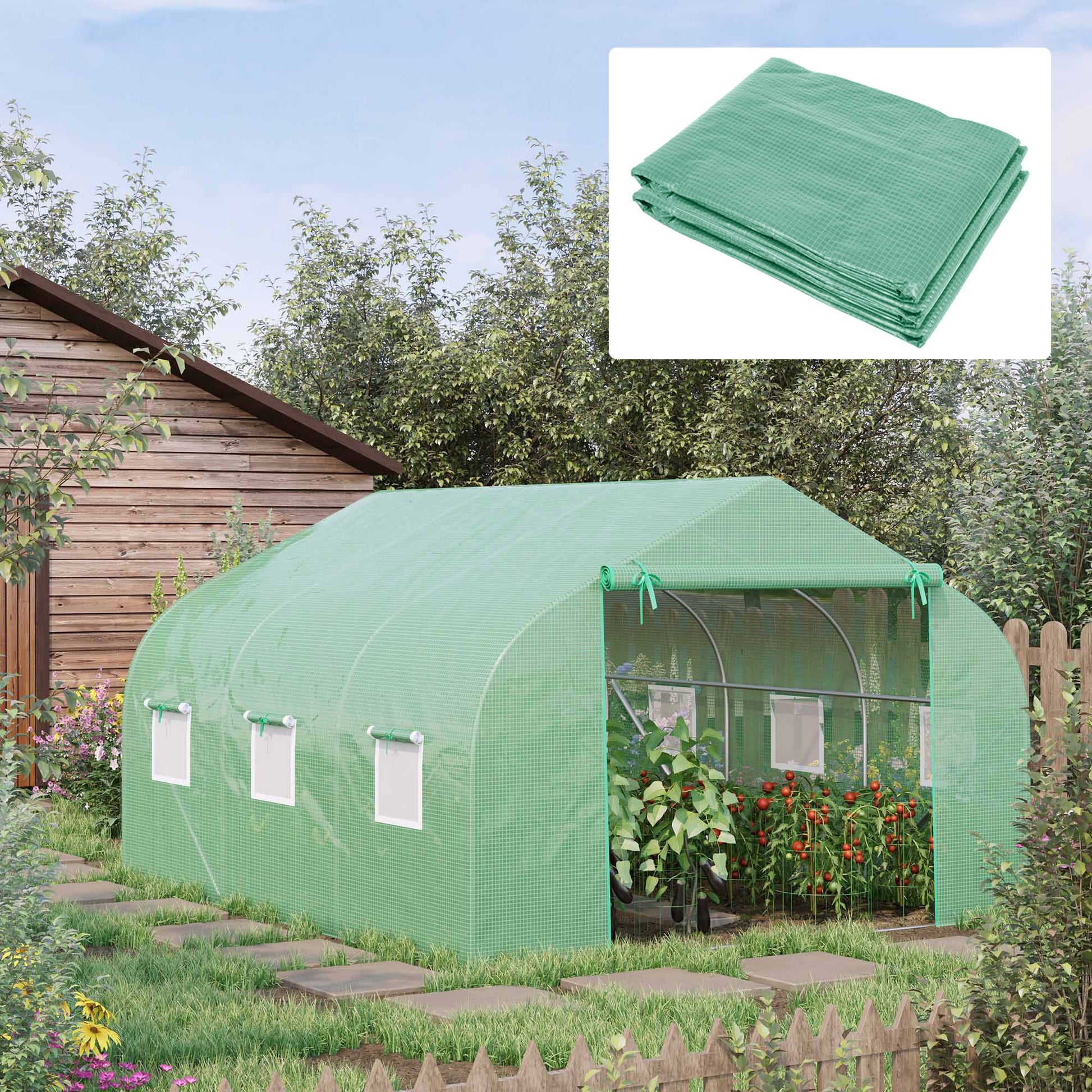 Outsunny Walk In Greenhouse Cover Replacement Reinforced Gardening Plant Growhouse Cover with Zipper Door and 6 Roll Up Windows, 3.5 x 3 x 2m, Green, COVER ONLY