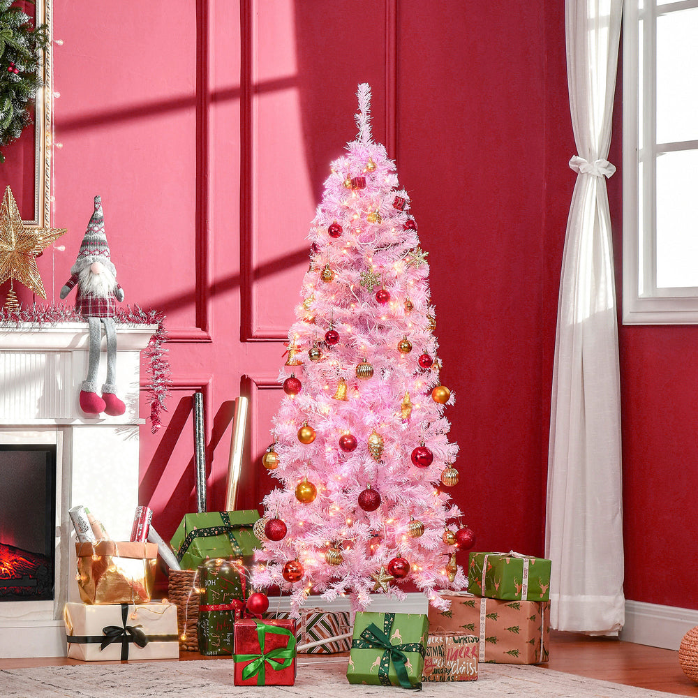 6' Tall Prelit Pencil Slim Artificial Christmas Tree with Realistic Branches, 300 Warm White LED Lights and 618 Tips, Xmas Decoration, Pink