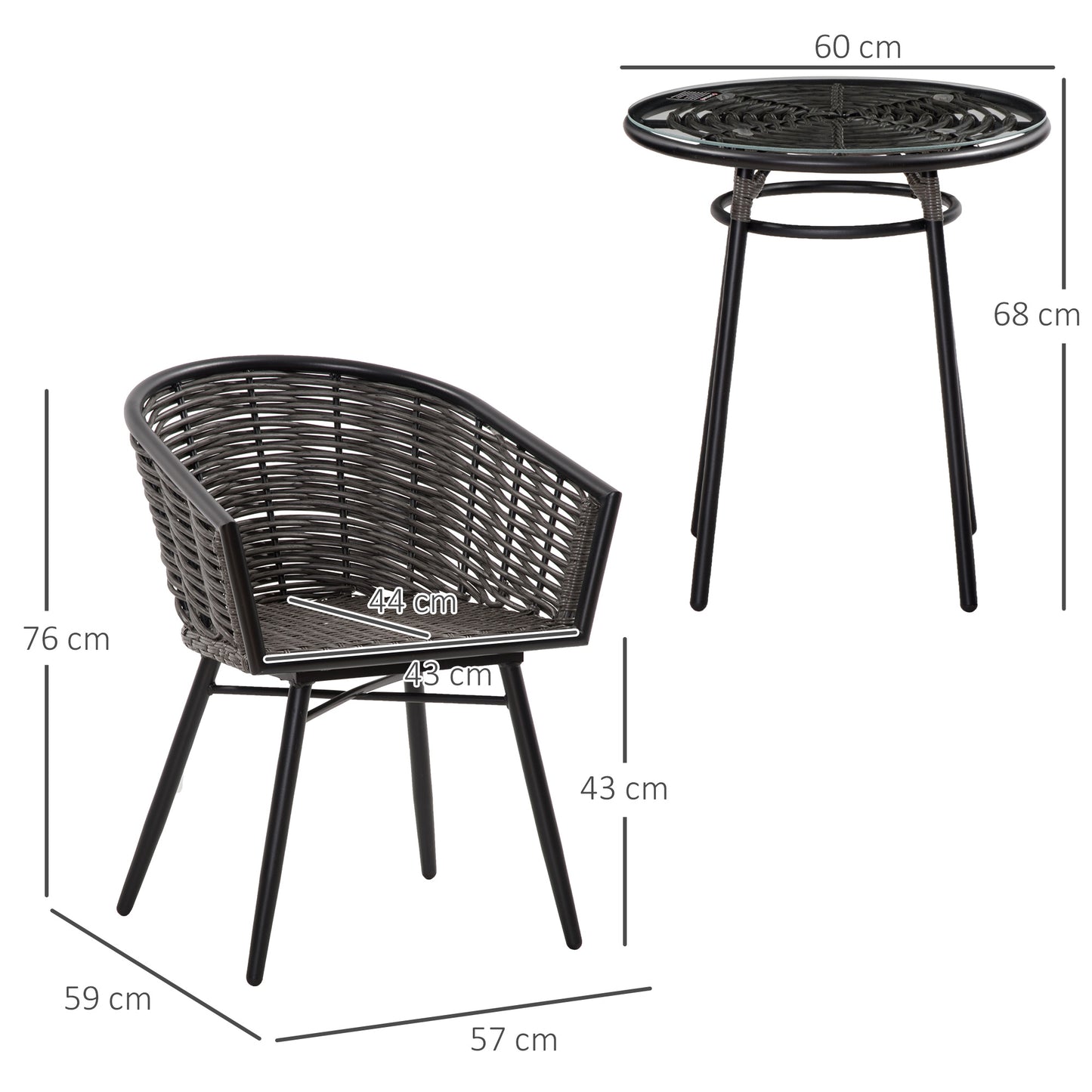 Outsunny 3 Pieces Outdoor PE Rattan Balcony Furniture, Round Wicker Patio Table and Chairs w/ 2 Armchairs & Glass Top Coffee Table Conversation Furniture Sets, Grey