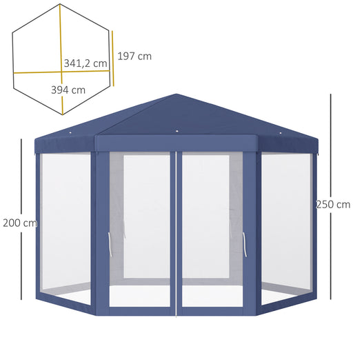 Outsunny 4M Hexagon Gazebo, Netting Party Tent Patio Canopy Outdoor Event Shelter for Activities, Shade Resistant, Blue