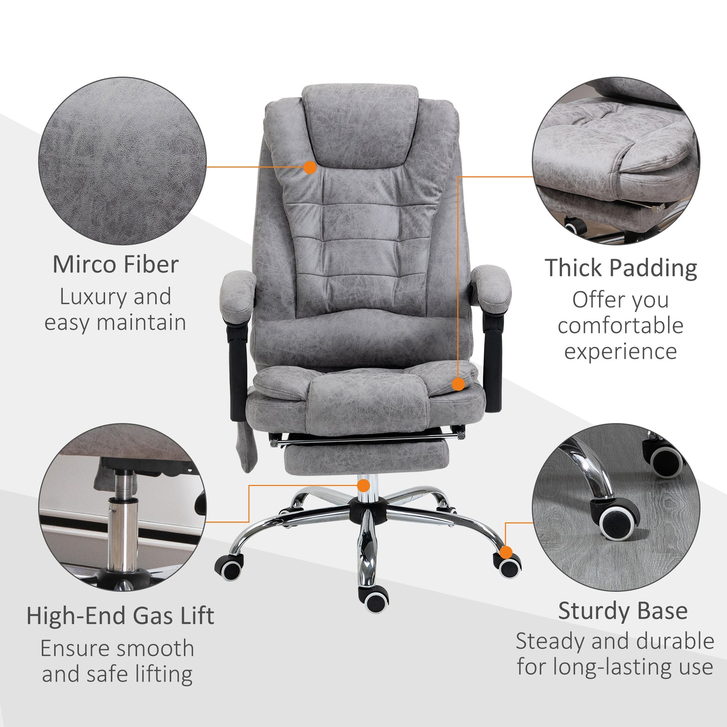 Heated 6 Points Vibration Massage Executive Office Chair Adjustable Swivel Ergonomic High Back Desk Chair Recliner with Footrest Grey