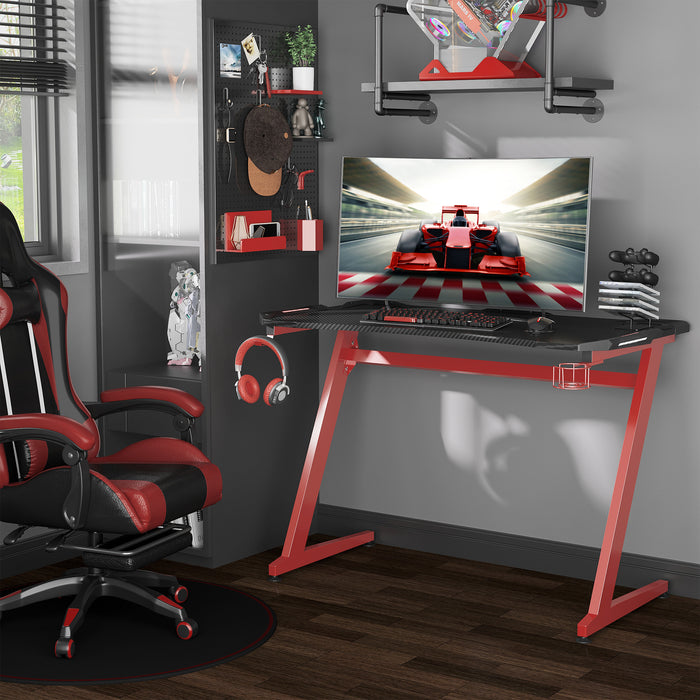 HOMCOM Gaming Desk, Ergonomic Home Office Desk, Gamer Workstation Racing Table, with Headphone Hook and Cup Holder, 122 x 66 x 86cm, Black and Red