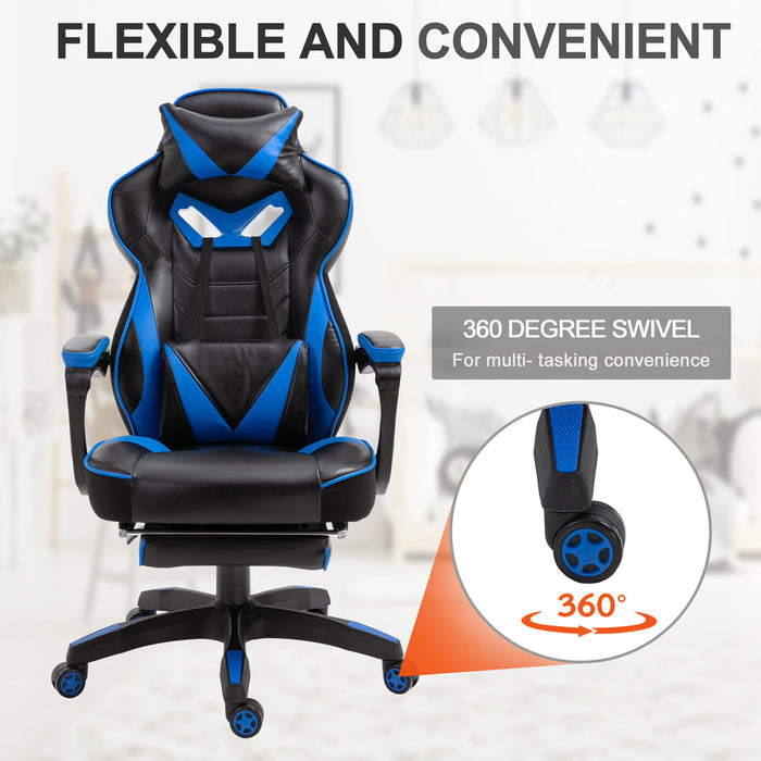 Ergonomic Racing Gaming Chair Office Desk Chair Adjustable Height Recliner with Wheels, Headrest, Lumbar Support, Retractable Footrest Blue