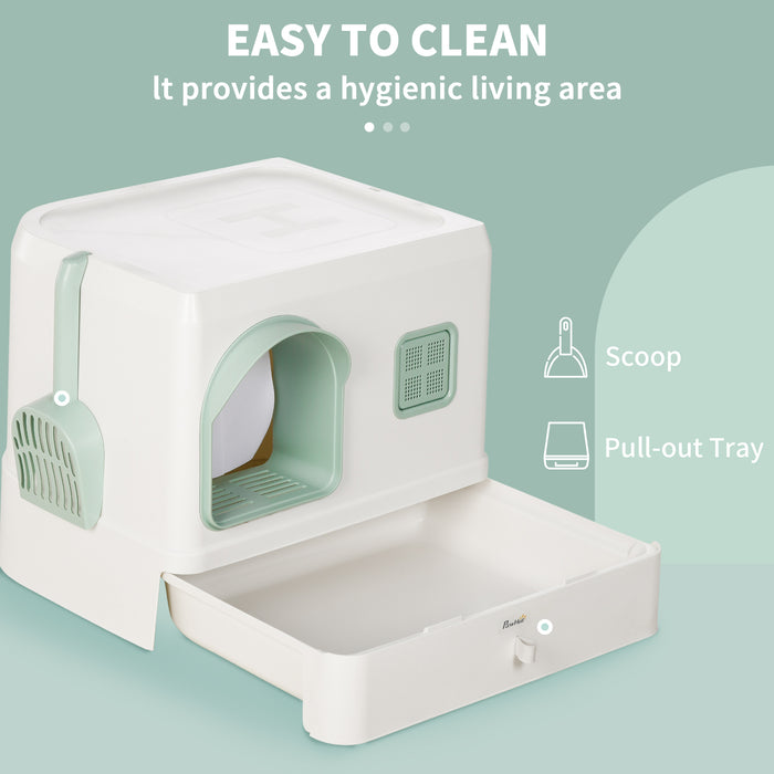 Cat Litter Box with Drawer Pan, Hooded Cat Litter Tray with Scoop, Deodorants, Front Entrance, 50 x 40 x 40cm - White