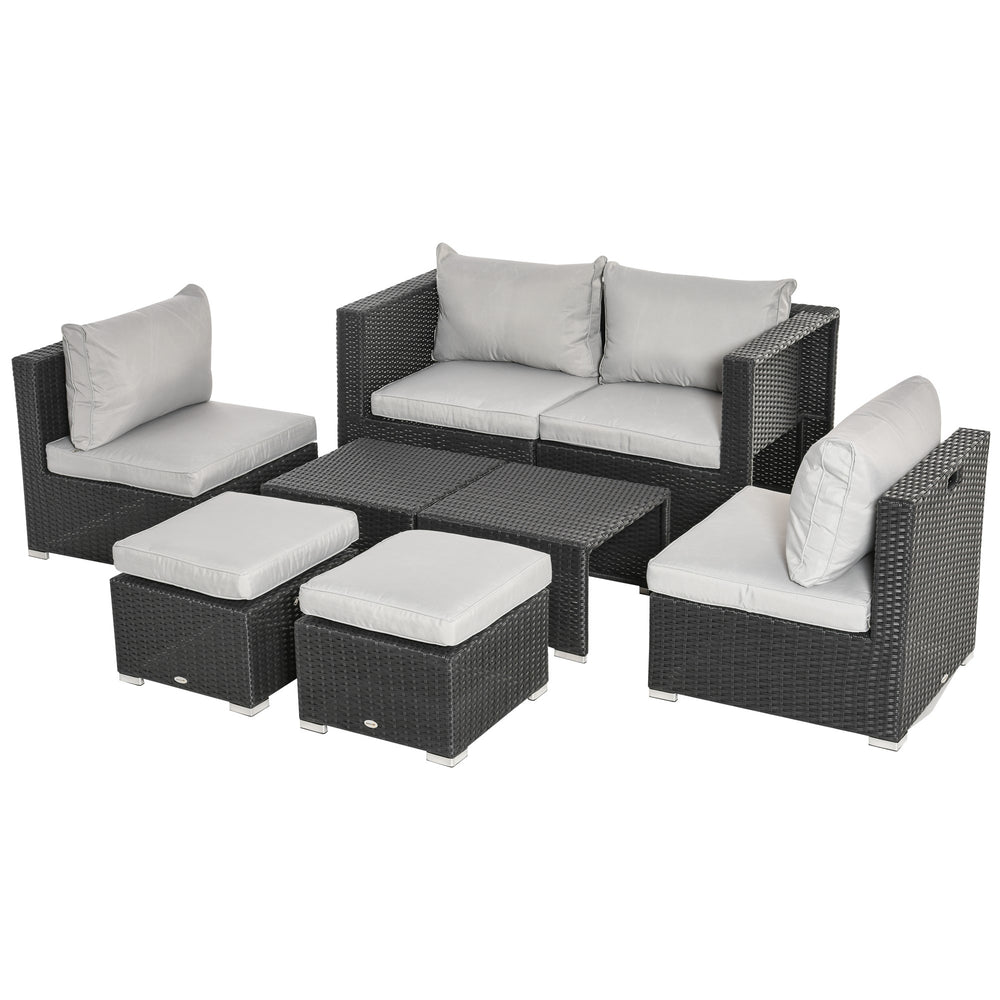 6-Seater Garden Rattan Wicker Sofa Set w/ Coffee Table, Wicker Weave Chair, Space-saving Footstool, Padded Cushions, Black