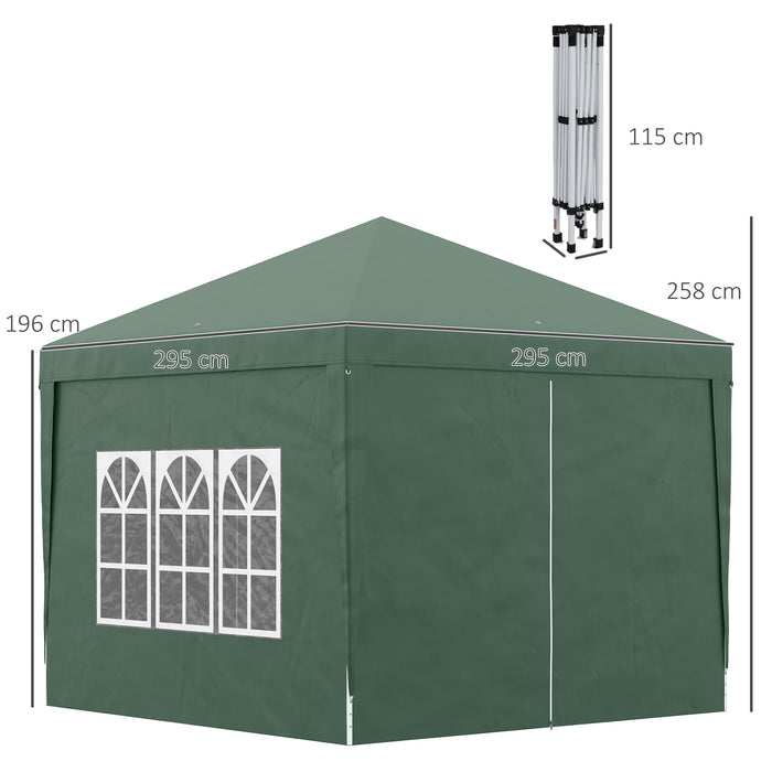 3 x 3m Pop Up Gazebo, Wedding Party Canopy Tent Marquee with Carry Bag and Windows, Green