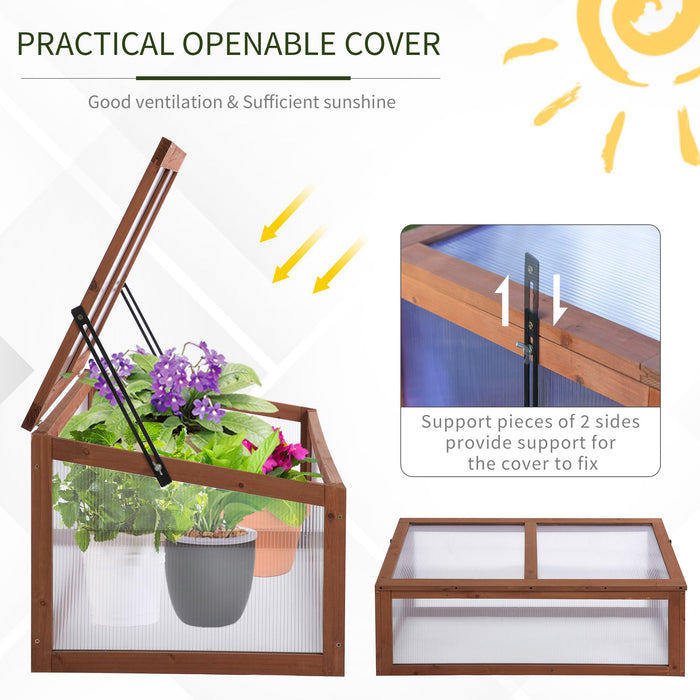 Wooden Framed Polycarbonate Cold Frame Greenhouse for Plants Outdoor with Openable & Tilted Top Cover, PC Board, Brown, 100 x 65 x 40cm