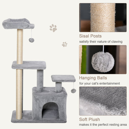 Cat Tree Tower for Indoor Cats 114cm Climbing Activity Centre Kitten with Sisal Scratching Post Perch Hanging Ball Condo Toy Light Grey