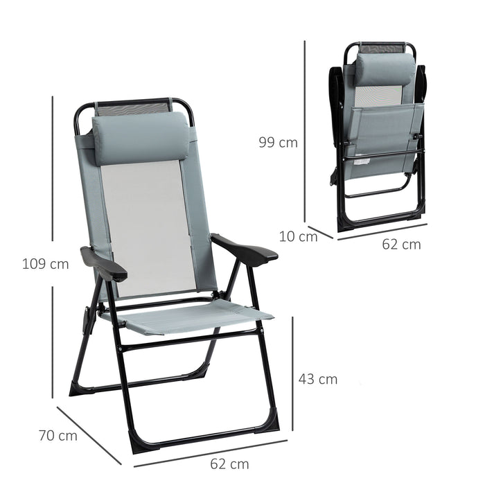 Set of 2 Portable Folding Recliner Metal Outdoor Patio Chaise Lounge Chairs with Adjustable Backrest, Grey