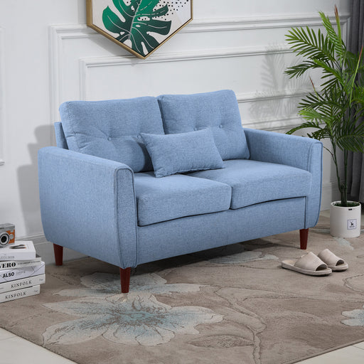 HOMCOM 2 Seat Sofa Double Sofa Loveseat Fabric Wooden Legs Tufted Design for Living Room, Dining Room, Office, Light Blue