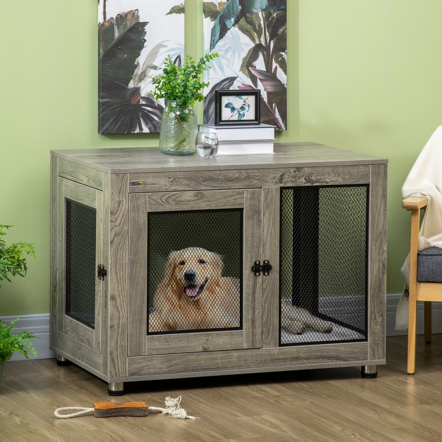 Dog Crate Furniture End Table w/ Soft Washable Cushion, Two Doors, Indoor Pet Kennel for Small Medium Large Dogs w/ Wire Mesh