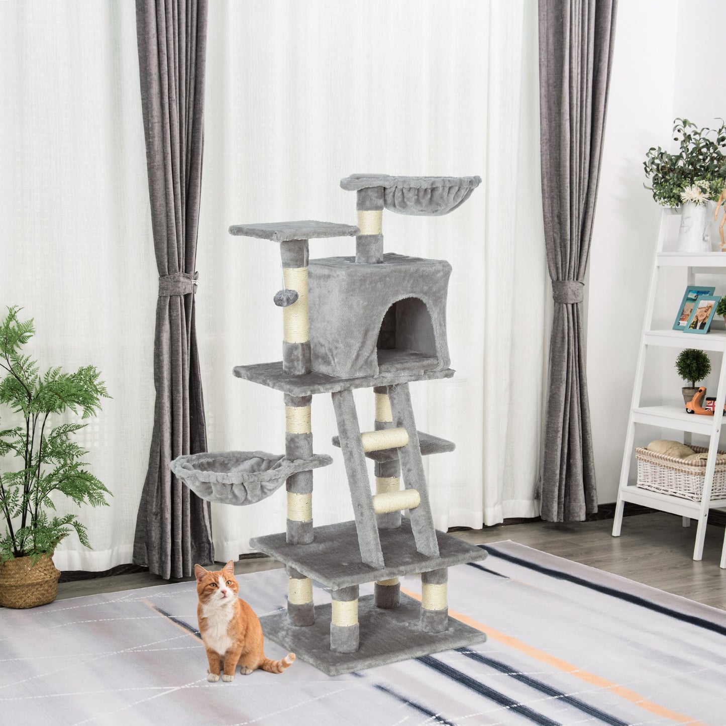 Plush Cat Tree, 125cm Cat Scratching Post for Indoor Large Cats with Hammock and Condo Activity Center Grey