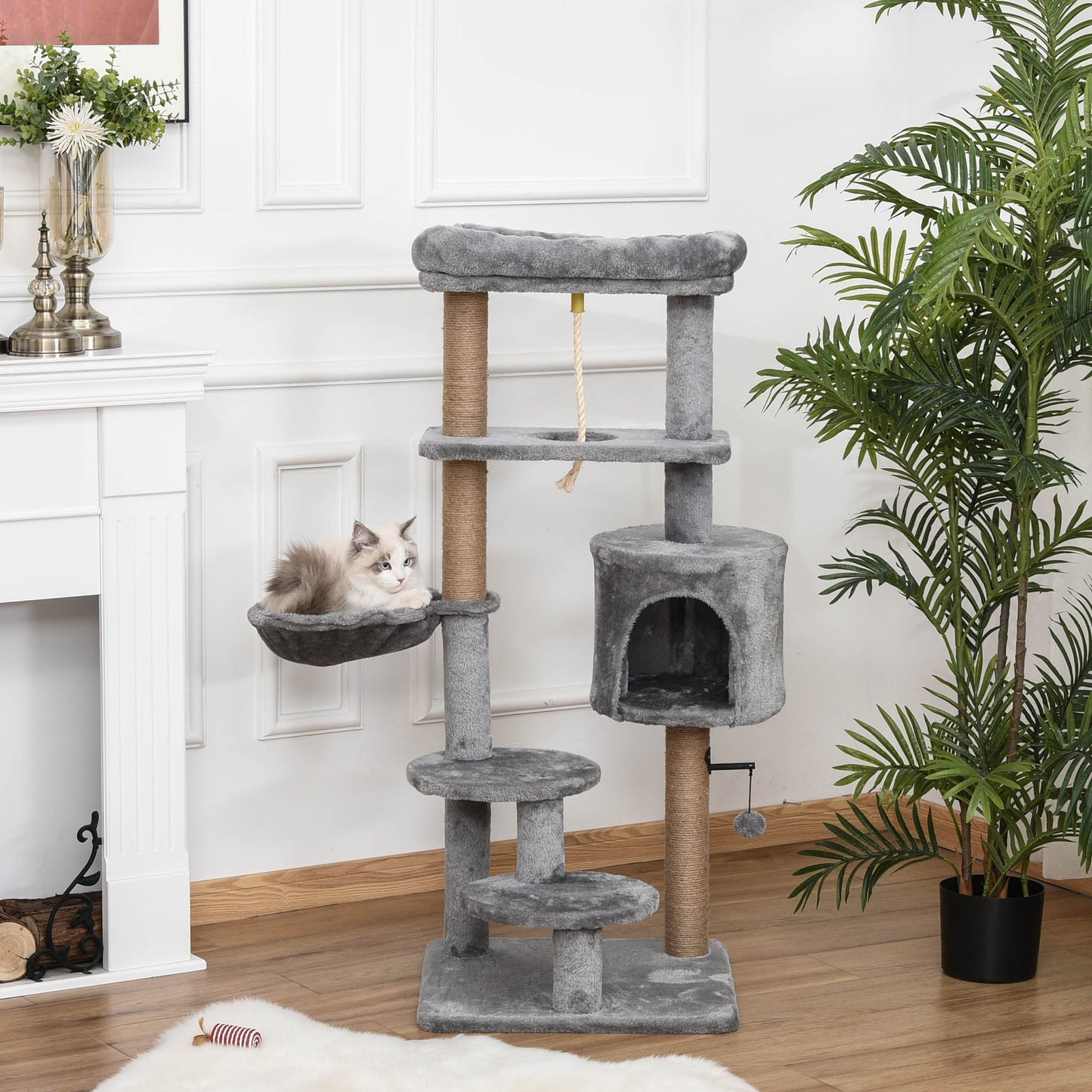 Cat Tree Tower for Indoor Cats 120cm Climbing Kitten Activity Center with Jute Scratching Post Perch Hanging Ball Hammock Teasing Rope Condo Toy Light Grey