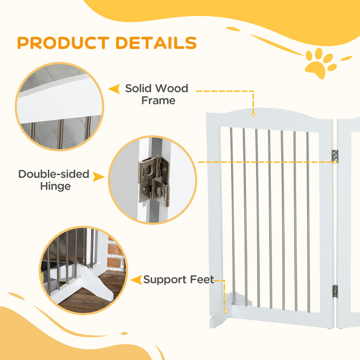 Foldable Dog Gate, Wooden Freestanding Pet Gate with 2 Support Feet, Dog Barrier for Doorways, Stairs, Halls - White