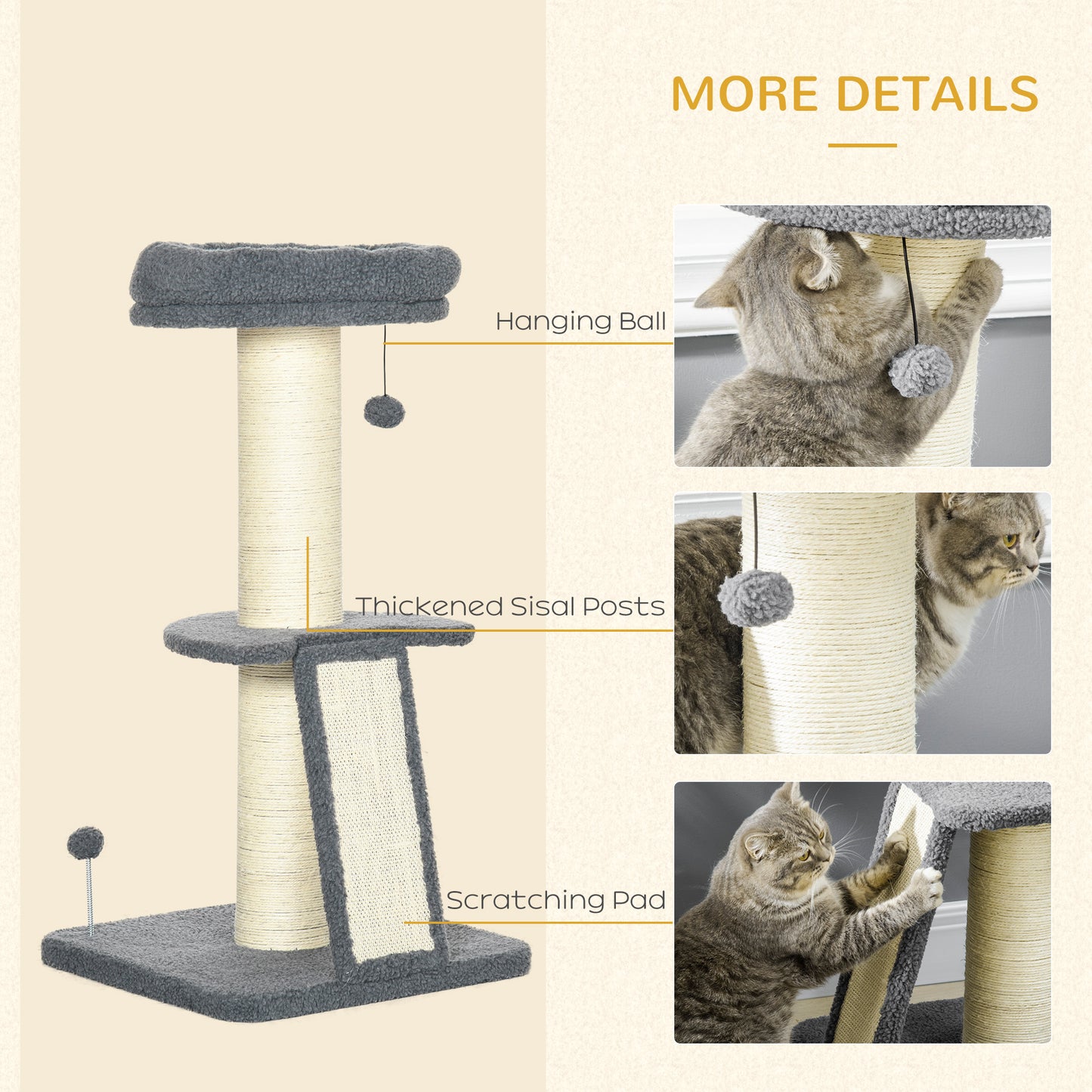 Cat Tree Tower, Cat Activity Centre, with Sisal Scratching Post, Multi Level Cat Climbing Frame Indoor, 48 x 48 x 92 cm, Dark Grey