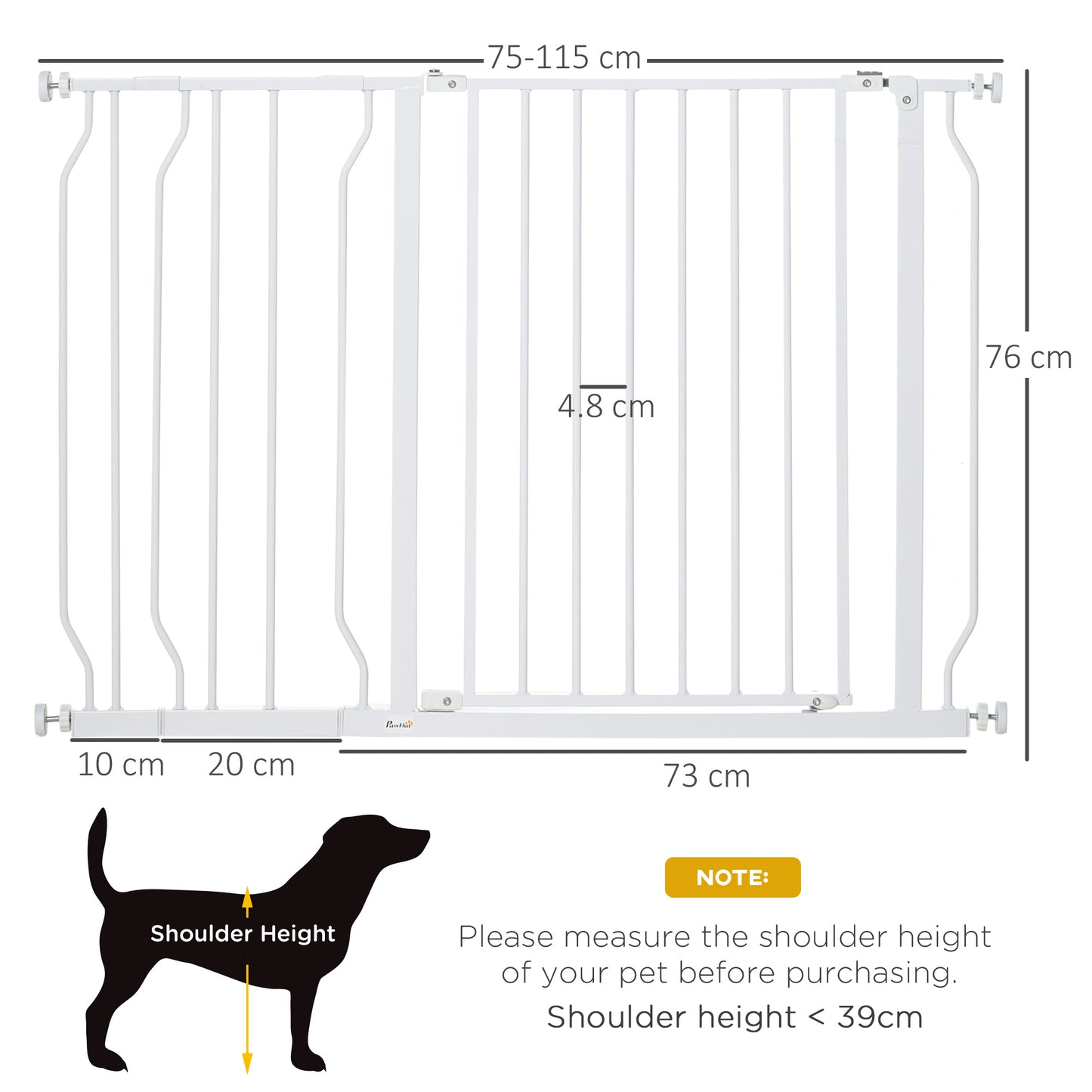 Dog Gate Wide Stair Gate w/ Door Pressure Fit Pets Barrier for Doorway, Hallway, 76H x 75-115W cm - White