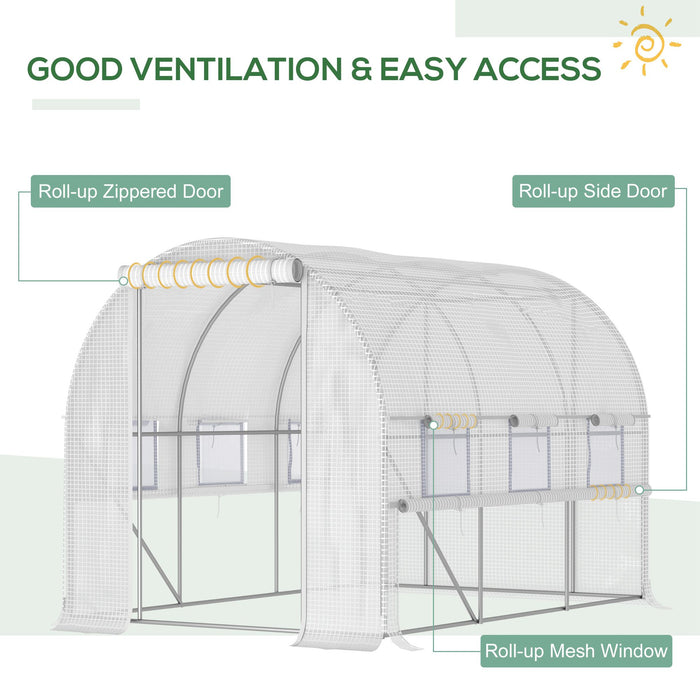 3 x 2 x 2m Walk-in Tunnel Greenhouse, Polytunnel Tent with PE Cover, Zippered Roll Up Door and 6 Mesh Windows, White