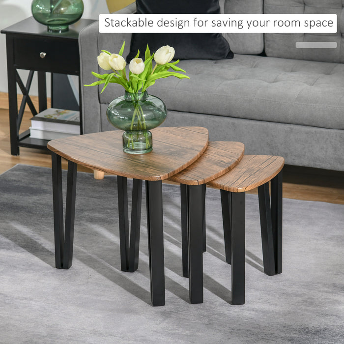 3 PCs MDF Steel Nesting Table Coffee Table Set Multifunctional End Side Table Living Room Furniture Walnut Wood Grain