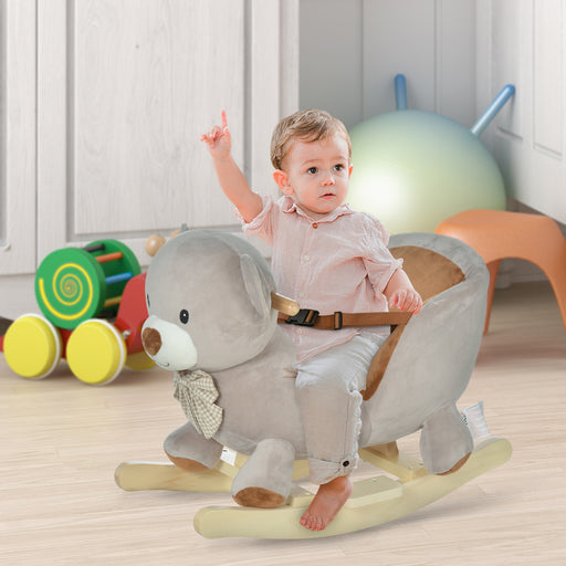 Kids Children Rocking Horse Plush Ride On Bear Seat w/ Sound Wood Base Seat Safety Belt Toddler Baby Toy Grey