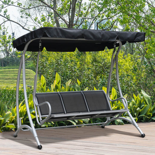 3 Seater Bench Steel Outdoor Patio Porch Swing Chair with Adjustable Canopy - Black