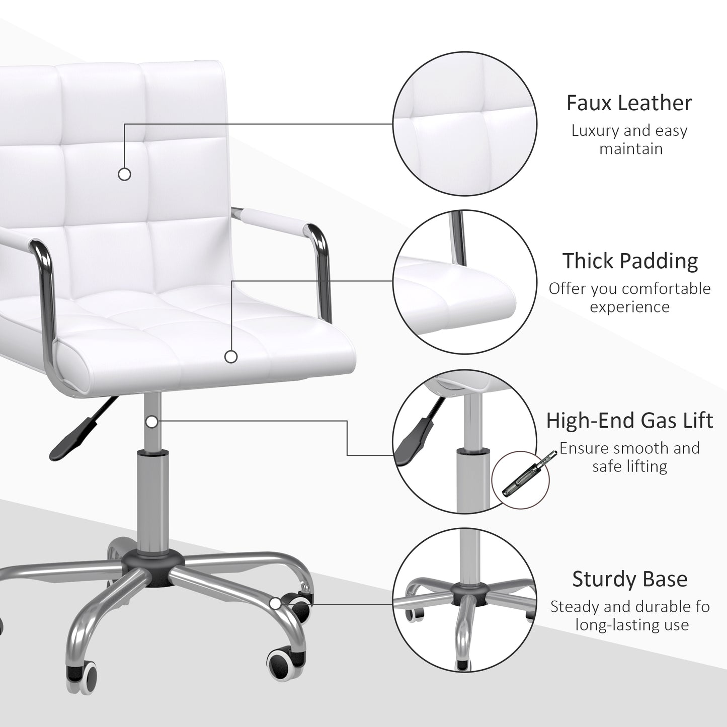 Mid Back PU Leather Home Office Desk Chair Swivel Computer Chair with Arm, Wheels, Adjustable Height, White