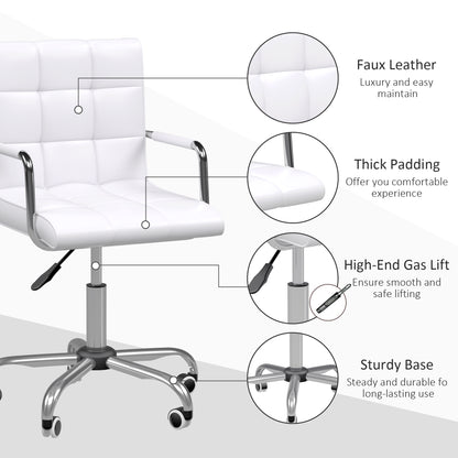 Mid Back PU Leather Home Office Desk Chair Swivel Computer Chair with Arm, Wheels, Adjustable Height, White