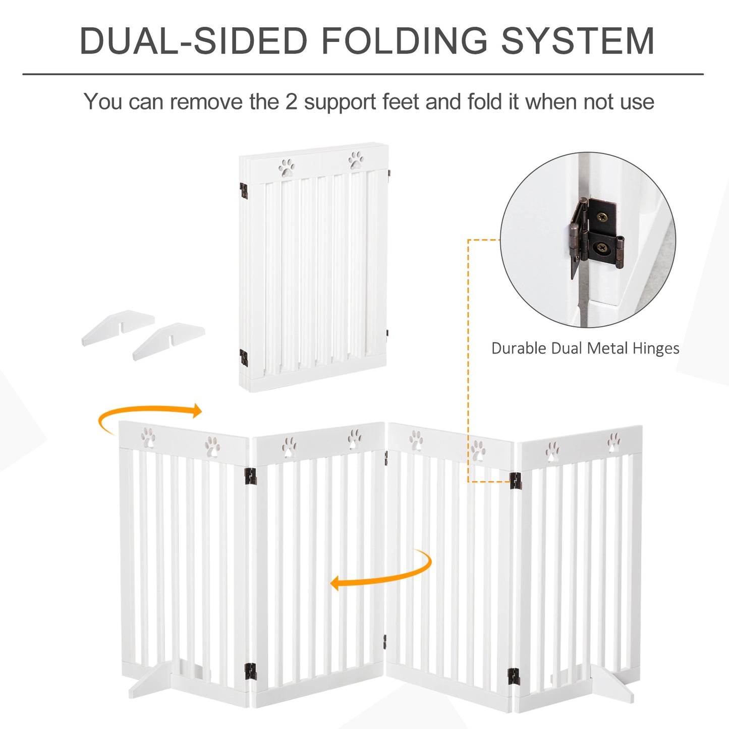 Freestanding Pet Gate 4 Panel Dog Barrier Folding Safety Fence with Support Feet up to 204cm Long 75cm Tall for Doorway Stairs White