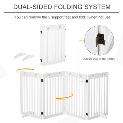 Freestanding Pet Gate 4 Panel Dog Barrier Folding Safety Fence with Support Feet up to 204cm Long 75cm Tall for Doorway Stairs White