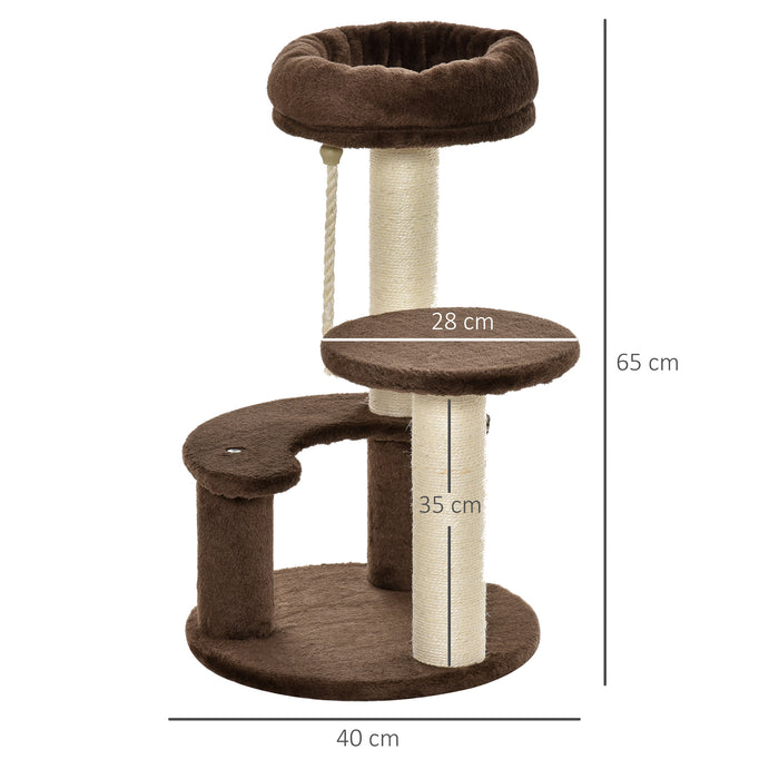 65 cm Cat Tree for Indoor Cats Kitty Scratcher Kitten Activity Center Scratching Post Playhouse 2 Perch w/ Hanging Sisal Rope Brown