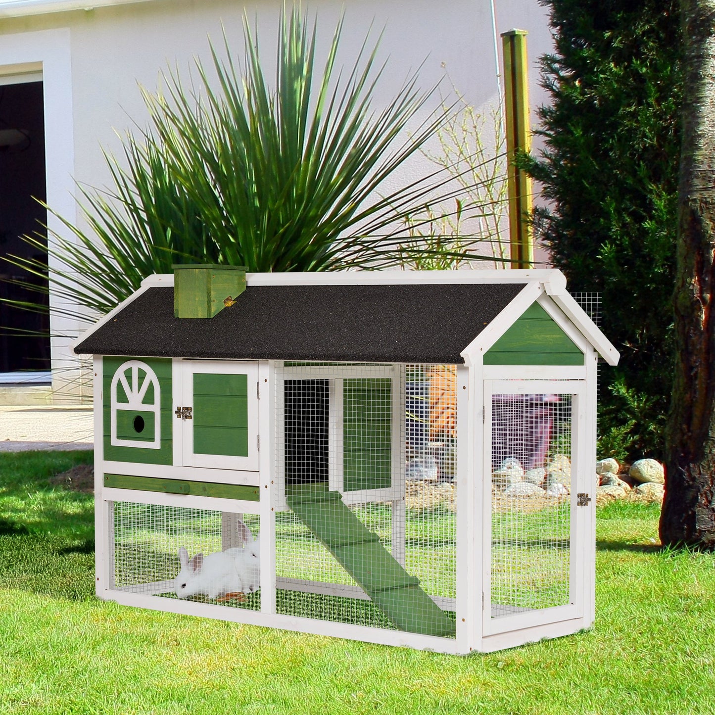 Rabbit Hutch and Run Guinea Pig Hutch Wooden Bunny Cage for Outdoor Indoor with Pull Out Tray Run Asphalt Roof Green 120 x 60 x 79 cm