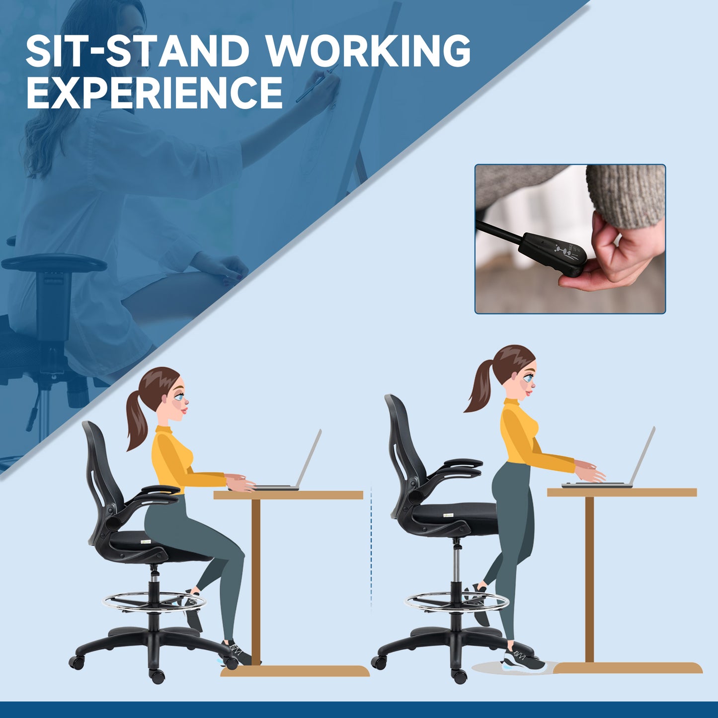 Adjustable Standing Desk Chair with Flip-up Armrests Lumbar Support Armrests Adjustable Footrest Ring Black