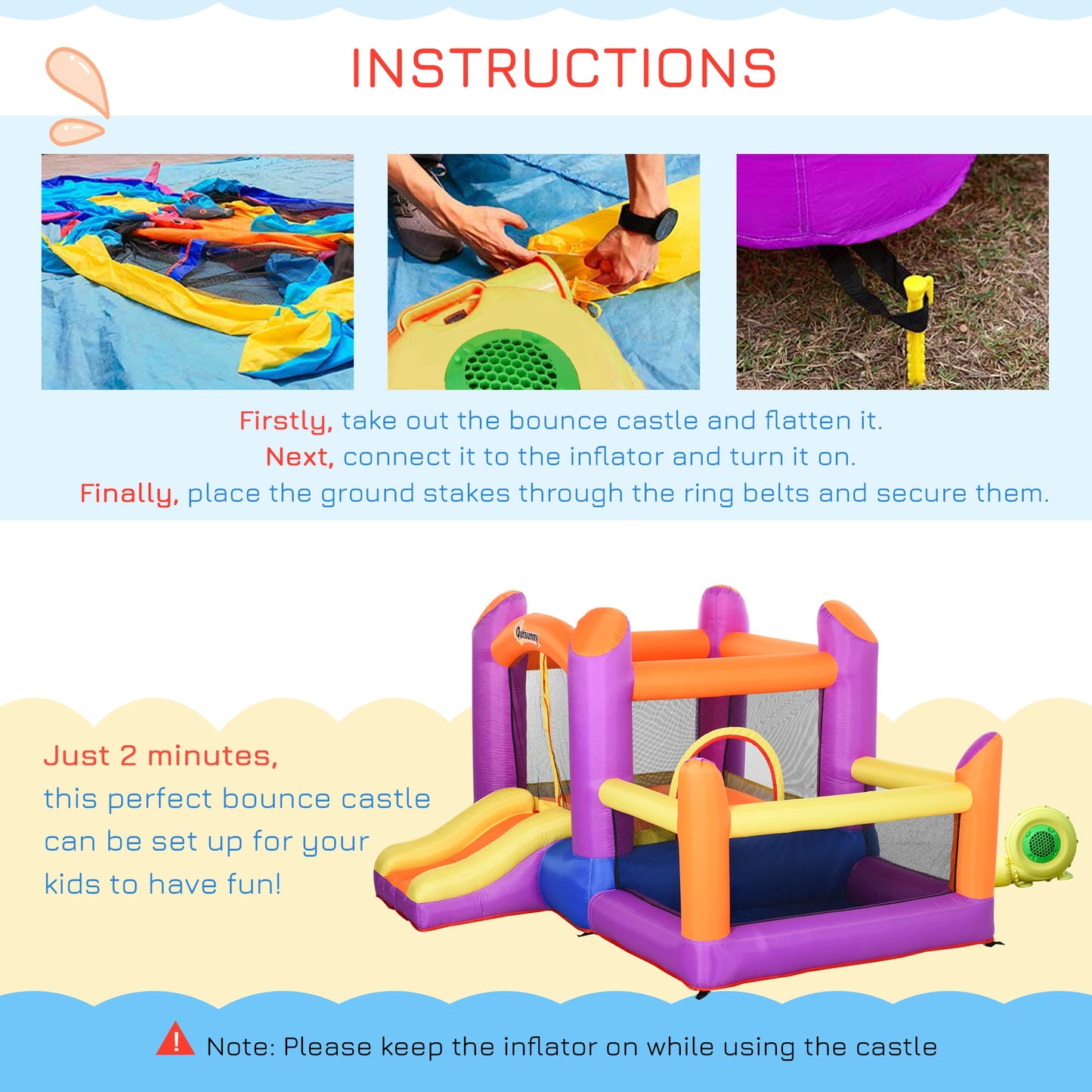 Kids Bounce Castle House Inflatable Trampoline Slide Water Pool 3 in 1 with Inflator for Kids Age 3-12 Multi-color 3 x 2.8 x 1.7m