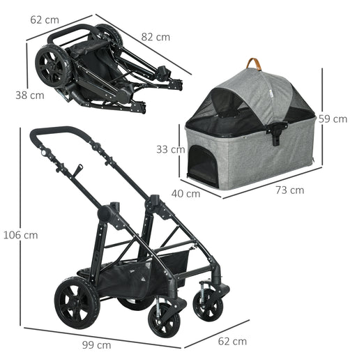 Dog Stroller Pushchair Detachable Pet Carrier Carrying Bag Foldable Trolley Shock absorbing System Adjustable Handlebar for Small Dogs Grey